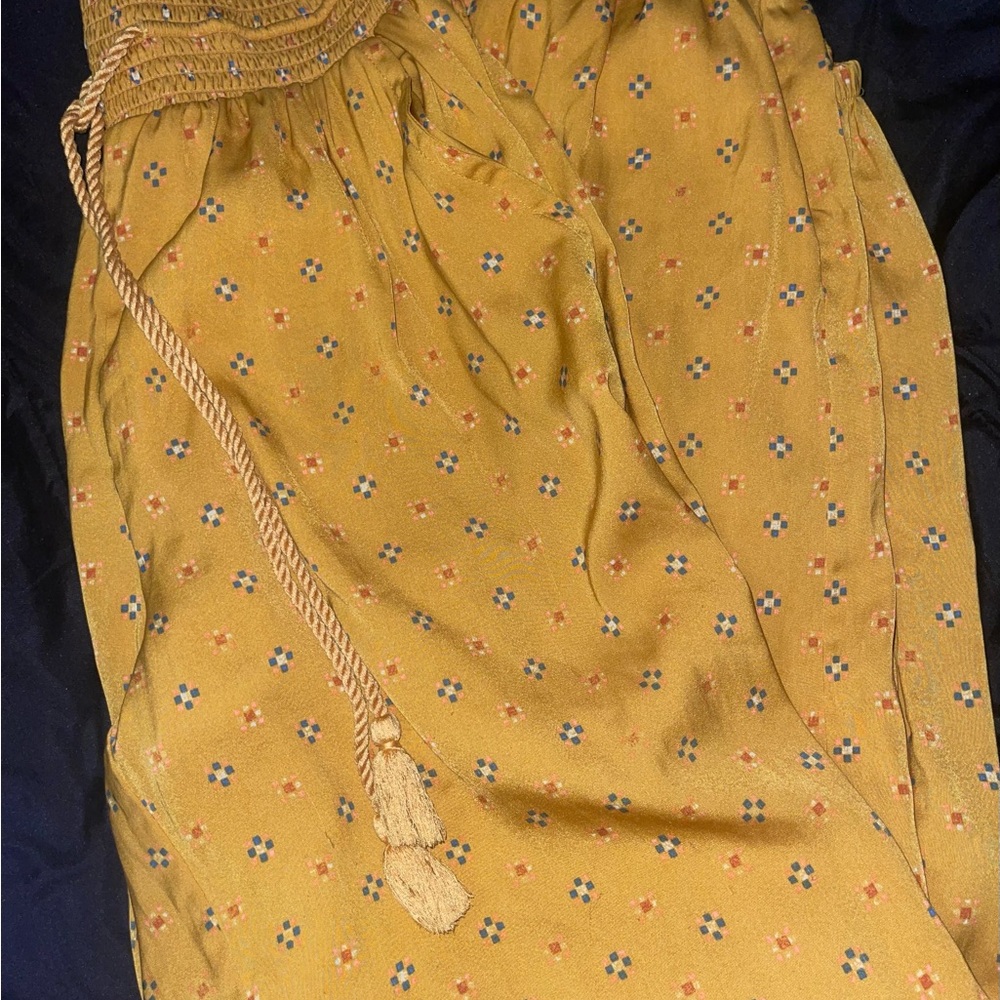 Aerie Mustard Boho Smocked Waist Jogger Pants Tassel Drawstring Size M